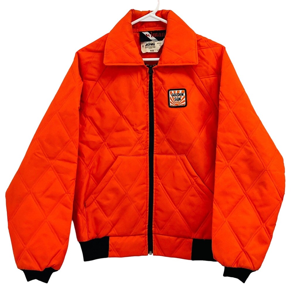 Vintage Mens M Wiman Golden Sun Feeds Orange Quilted Jacket Full Zip Coat‎ USA